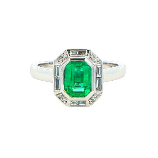 Octagonal Emerald and Diamond Vintage Halo Style Ring Gardiner Brothers