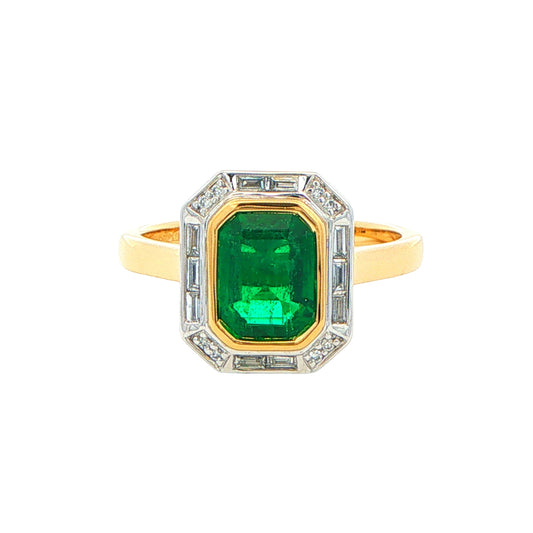 Octagonal Emerald and Diamond Vintage Halo Style Ring