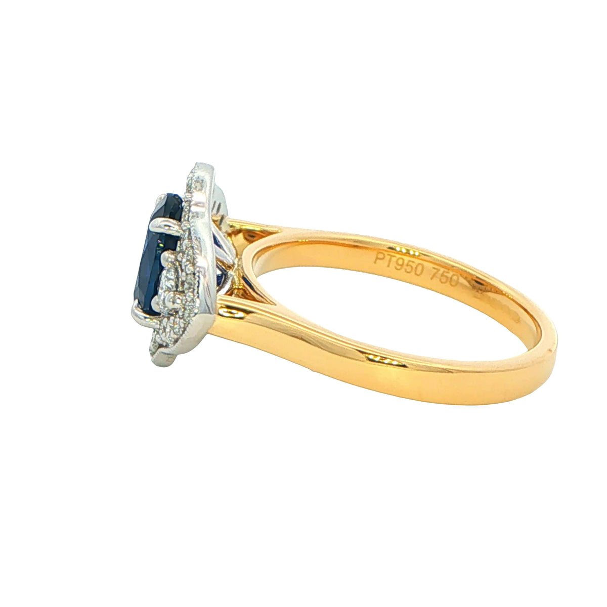 Oval Sapphire and round brilliant cut diamond fancy halo style ring Gardiner Brothers