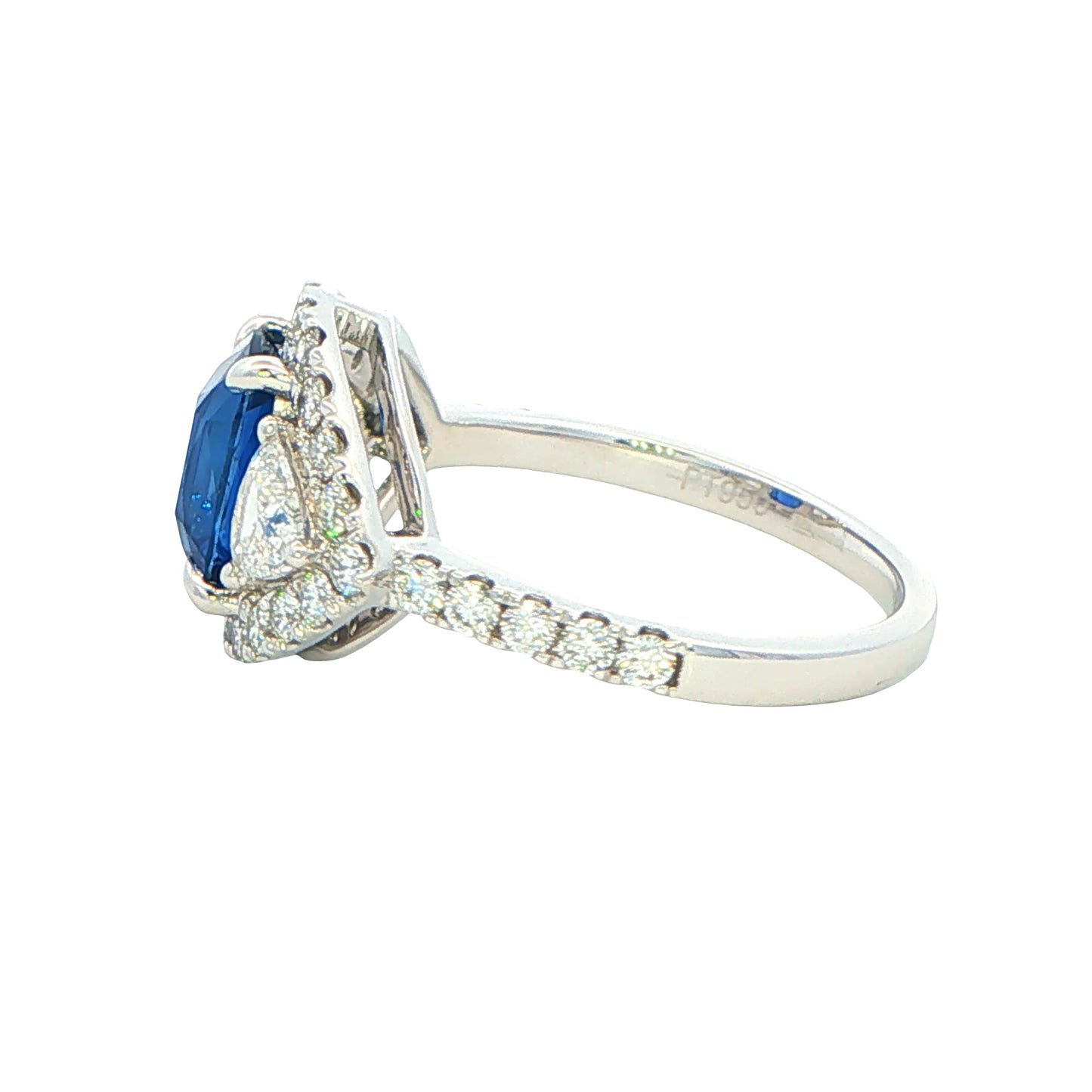 Cushion Shaped Sapphire and Trillion Cit Diamond fancy Halo Style Ring Gardiner Brothers