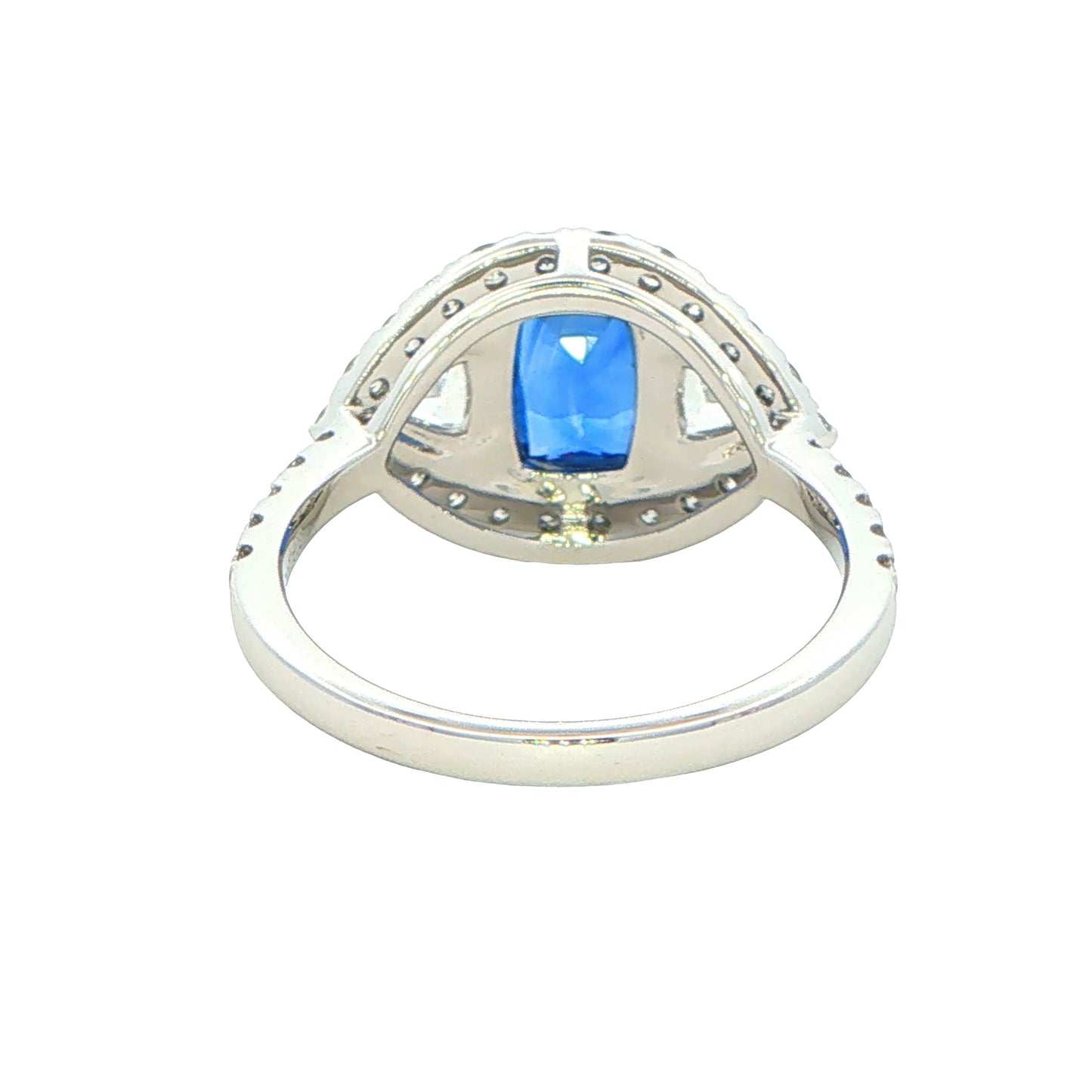 Cushion Shaped Sapphire and Trillion Cit Diamond fancy Halo Style Ring Gardiner Brothers
