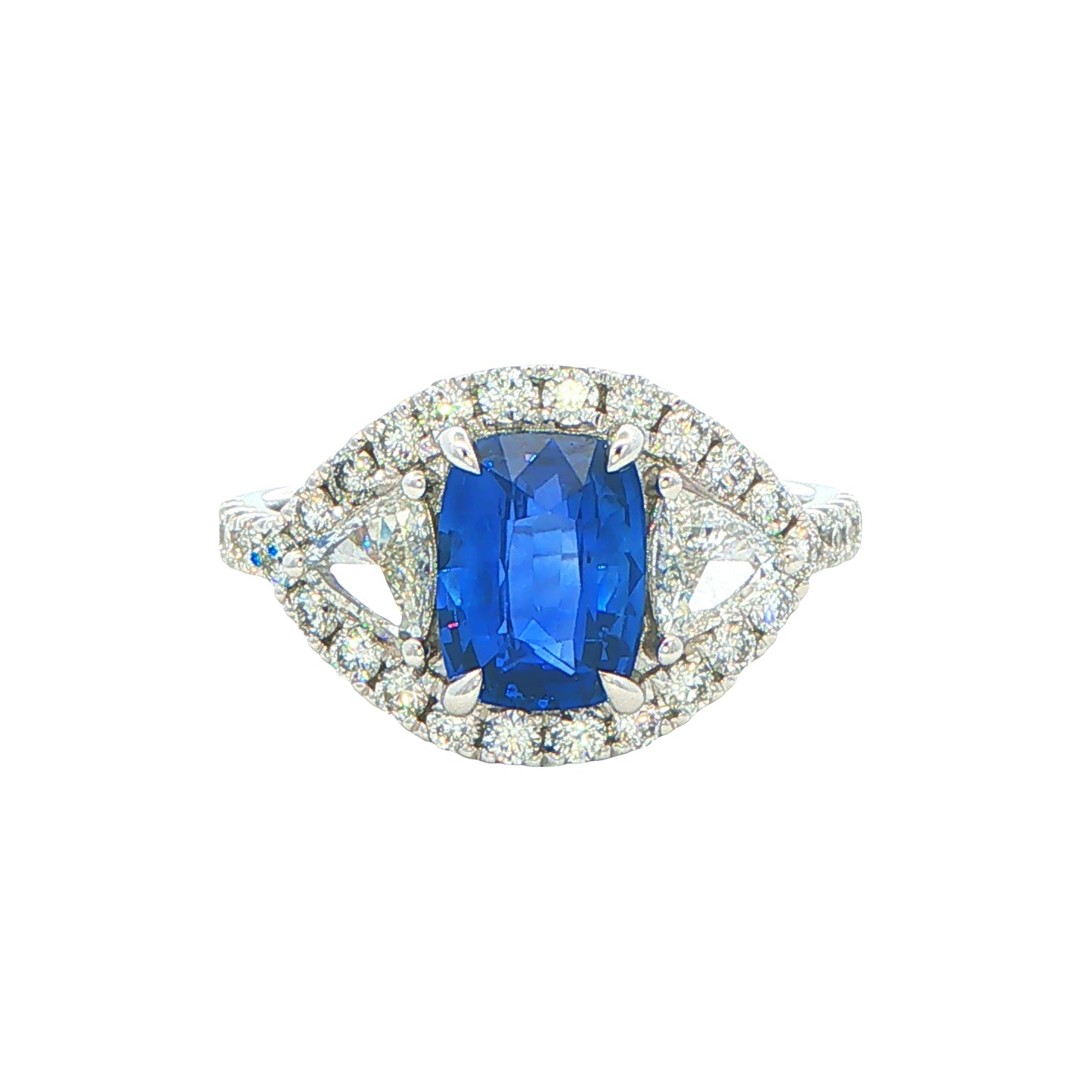 Cushion Shaped Sapphire and Trillion Cit Diamond fancy Halo Style Ring Gardiner Brothers