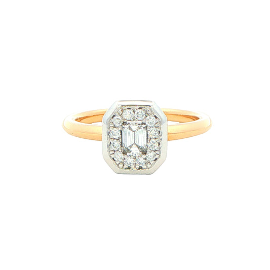 Yellow Gold Emerald and round brilliant cut diamond halo style ring Gardiner Brothers