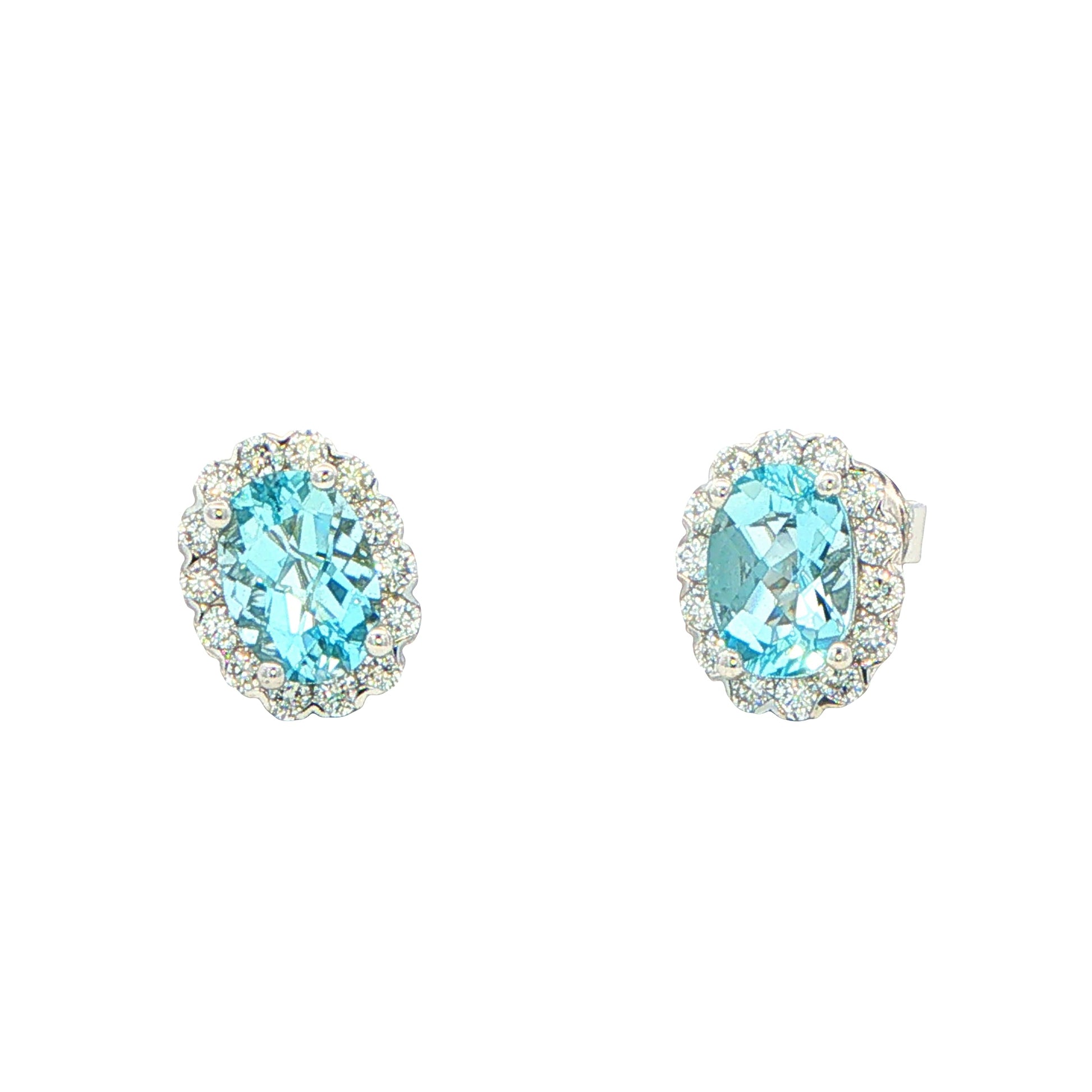 Oval Shaped Aquamarine and Diamond Halo Style Earrings Gardiner Brothers
