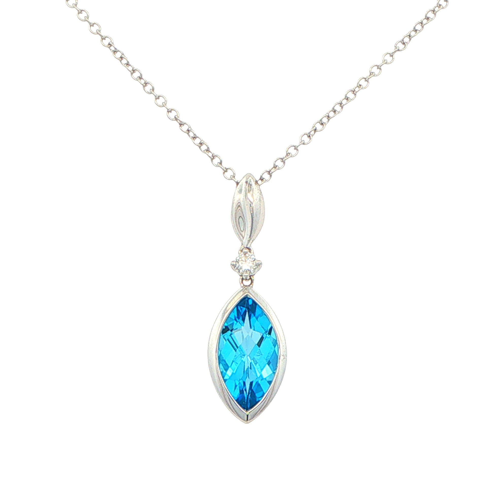 Marquise shaped Swiss Blue Topaz and diamond Drop Style pendant Gardiner Brothers