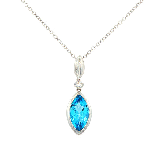 Marquise shaped Swiss Blue Topaz and diamond Drop Style pendant Gardiner Brothers