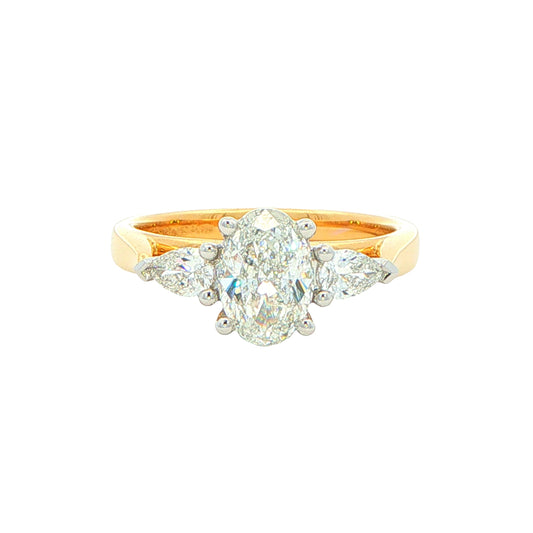 Yellow Gold Oval and pear shaped diamond 3 stone ring - 1.30cts Gardiner Brothers
