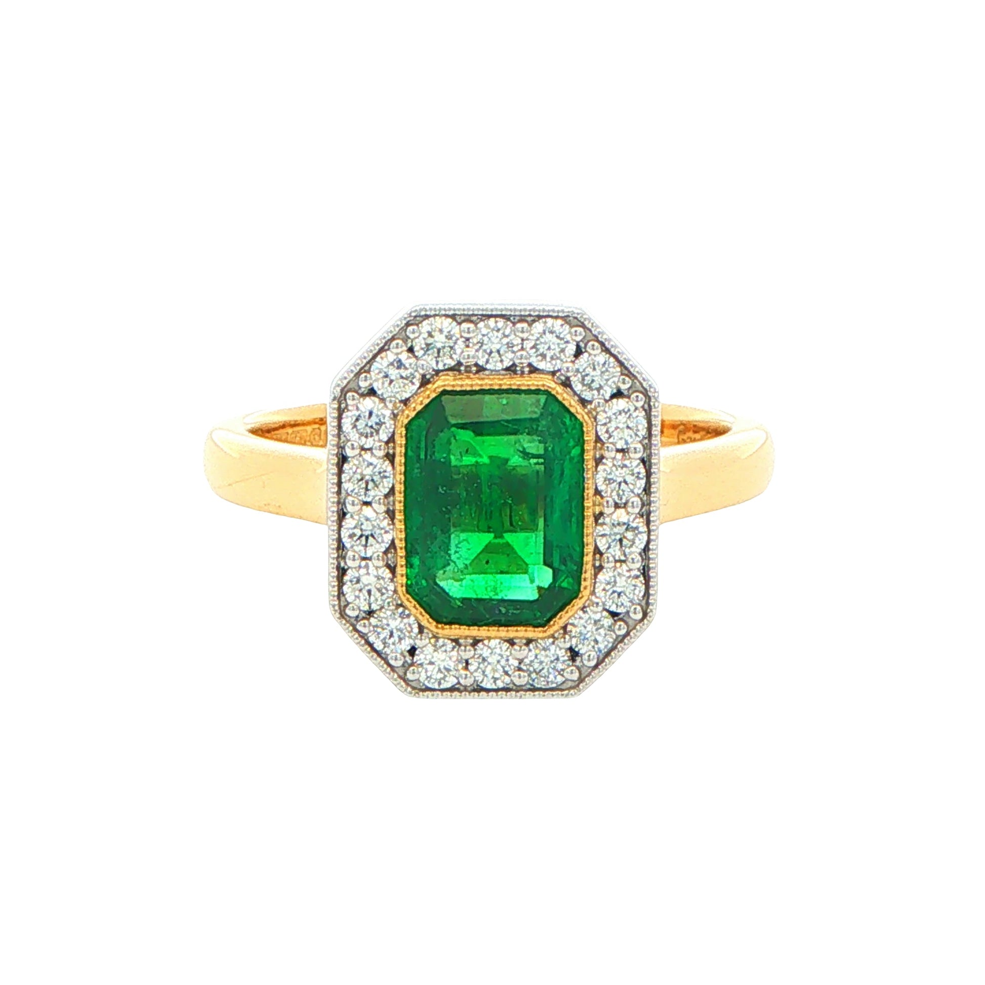 Octagonal Emerald and Diamond Vintage Halo Style Ring Gardiner Brothers