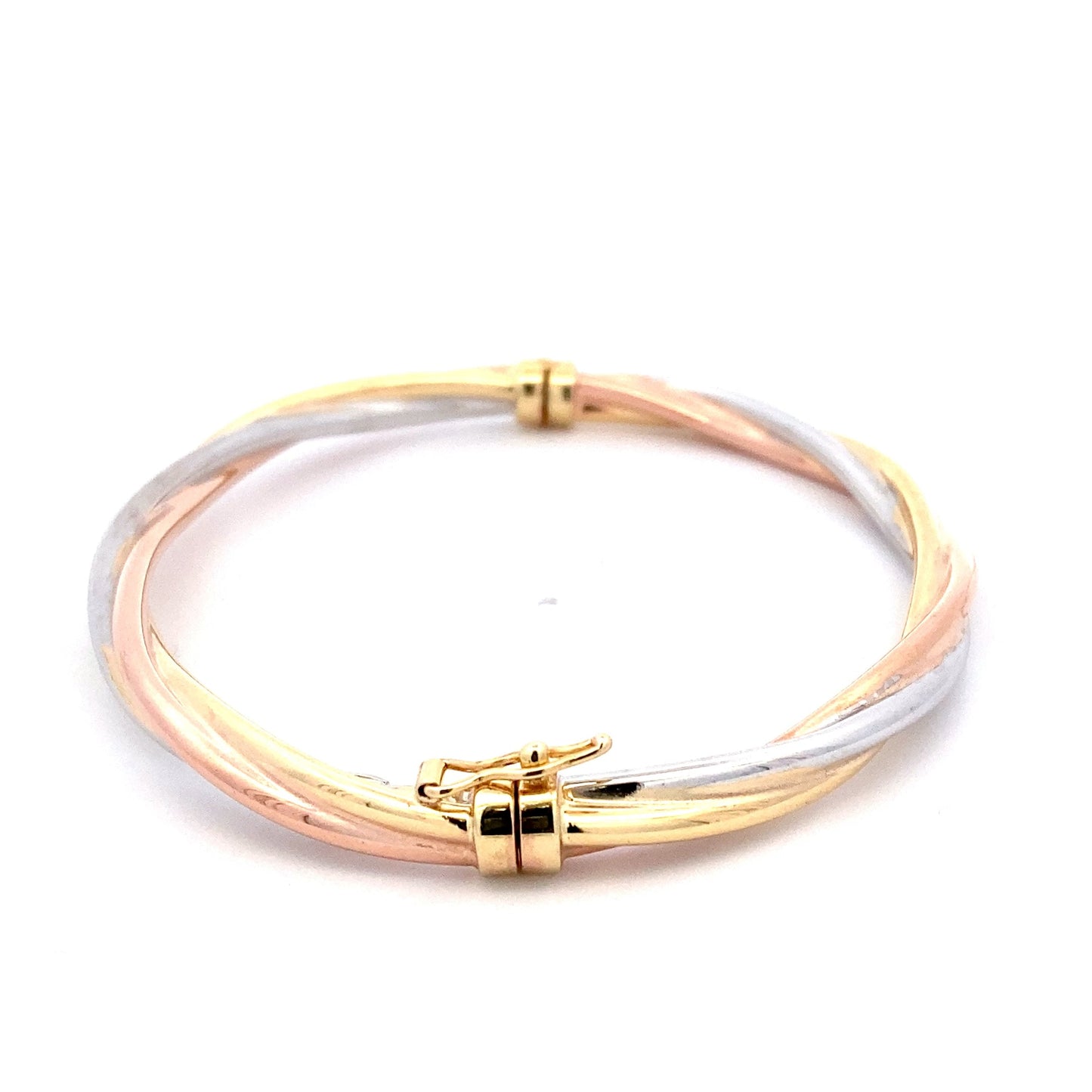 Yellow, Rose and White Gold Twisted Profile Bangle  Gardiner Brothers   