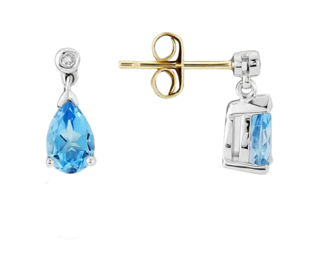 Pear Shaped Blue Topaz and Round Brilliant Cut Diamond Earrings  Gardiner Brothers   