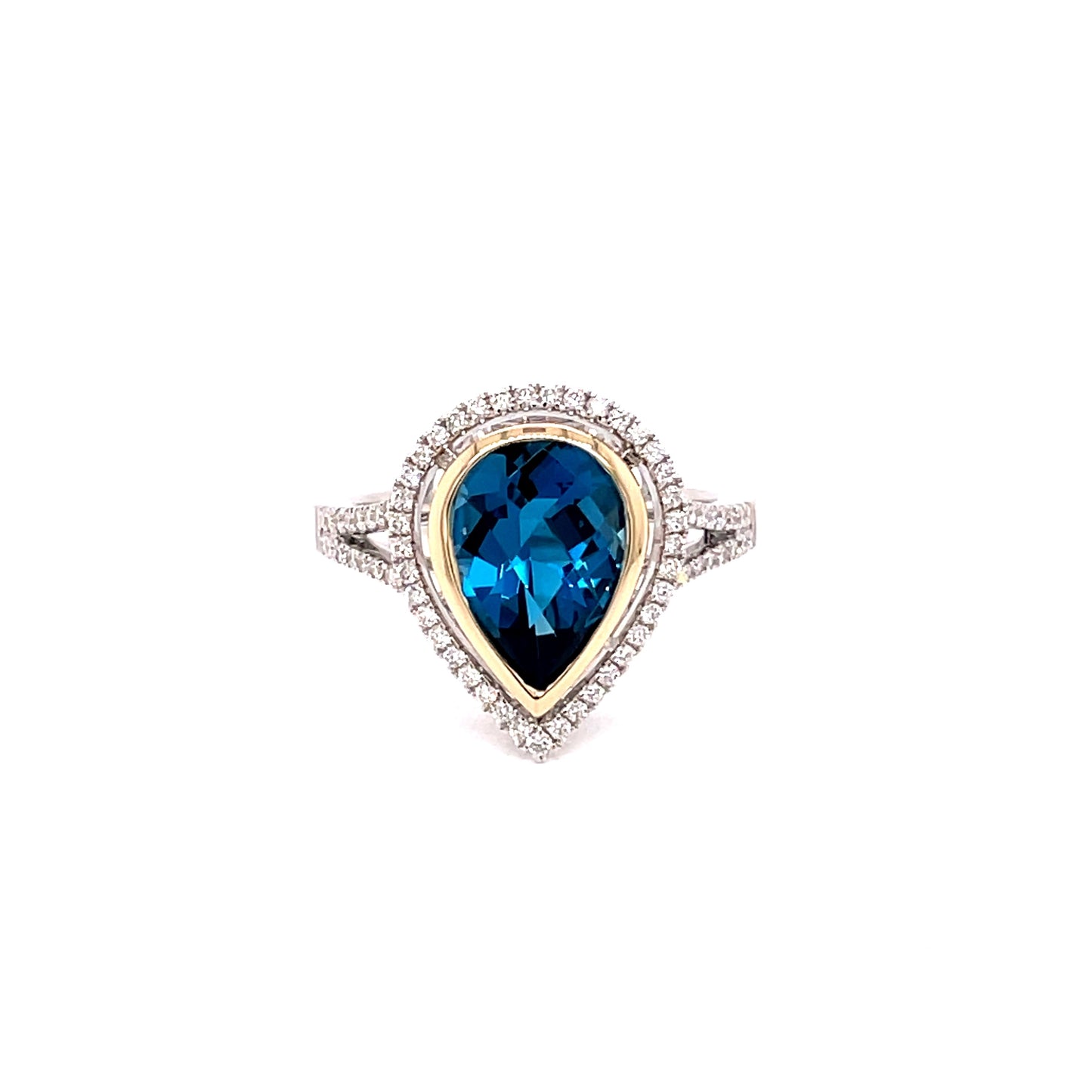 Pear Shaped London Blue Topaz and Diamond Halo Ring  Gardiner Brothers