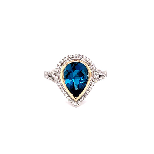 Pear Shaped London Blue Topaz and Diamond Halo Ring  Gardiner Brothers