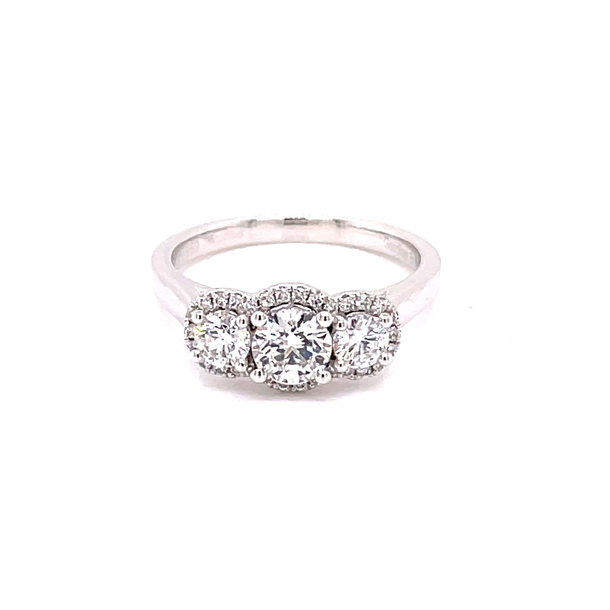 Round Brilliant Cut Diamond 3 Stone Halo Style Ring - 0.95cts  Gardiner Brothers