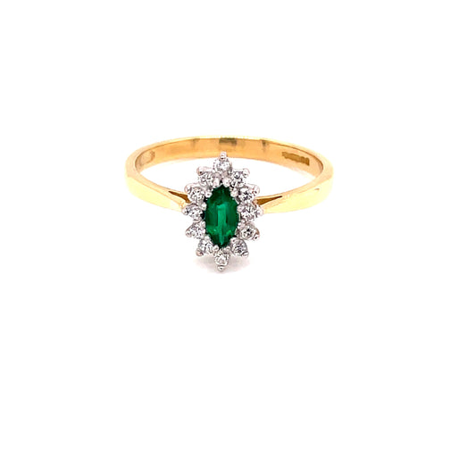 Marquise Shaped Emerald and Round Brilliant Cut Diamond Cluster Ring  Gardiner Brothers