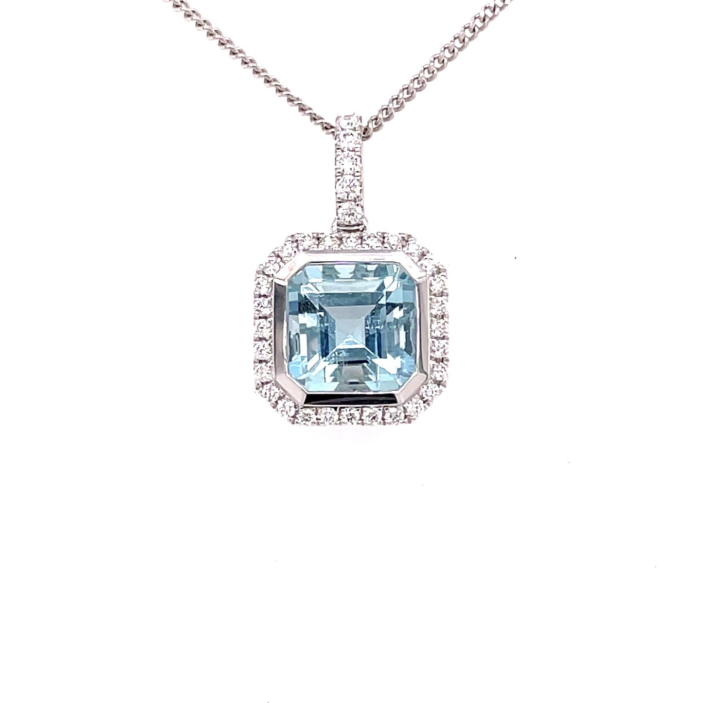 Aquamarine and Diamond Halo Style Pendant  Gardiner Brothers