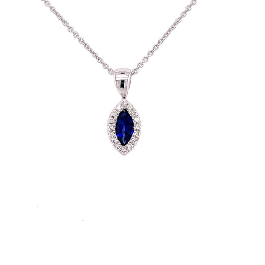 Sapphire and Diamond Marquise Shaped Halo Pendant  Gardiner Brothers