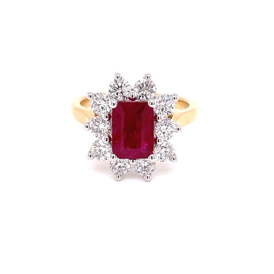 Octagonal Ruby and Round Brilliant Cut Diamond Cluster Ring  Gardiner Brothers