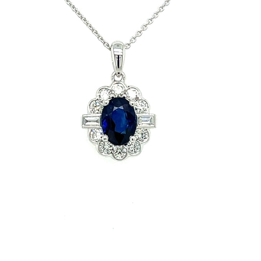 Oval Shaped Sapphire and Diamond Cluster Style Pendant  Gardiner Brothers