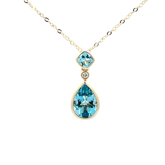 Yellow Gold Swiss Blue Topaz & Diamond Drop Pendant Necklace  Gardiner Brothers