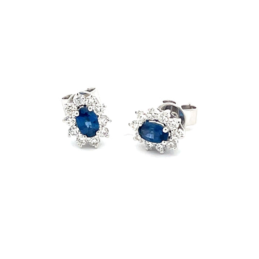 sapphire AND ROUND BRILLIANT CUT DIAMOND CLUSTER STYLE EARRINGS  Gardiner Brothers