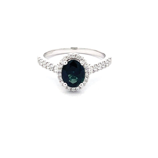 Teal Sapphire and Diamond Halo style Ring  Gardiner Brothers