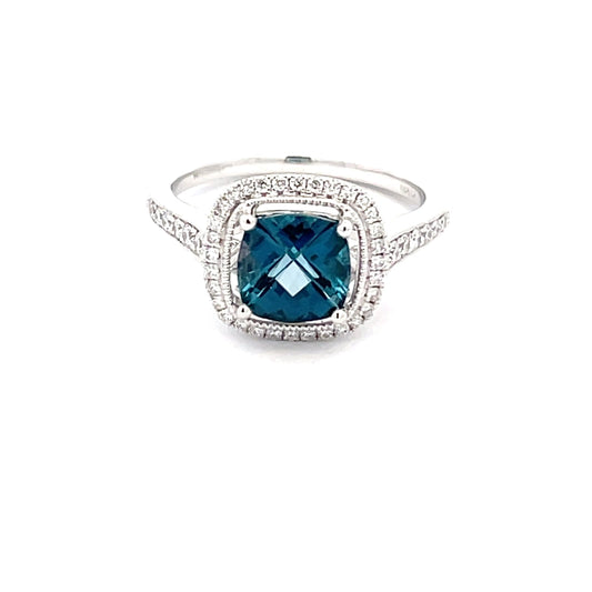 London Blue Topaz and Diamond halo Style Ring  Gardiner Brothers