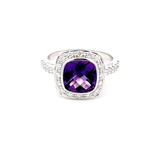 Amethyst and diamond halo style dress ring  Gardiner Brothers