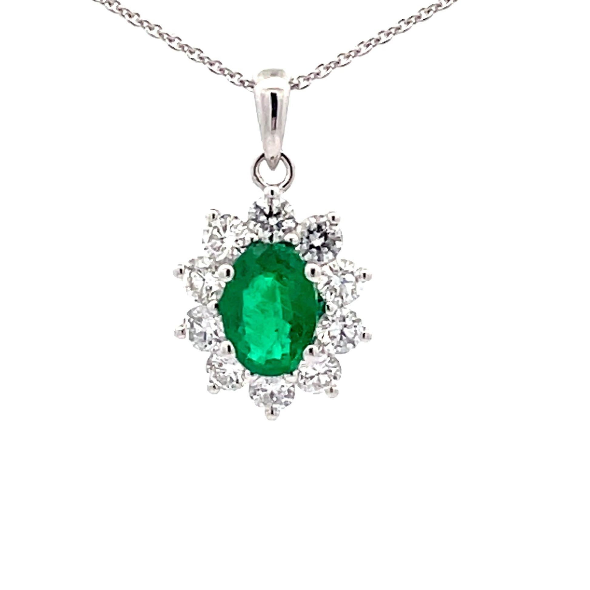 Emerald and Round brilliant cut diamond cluster style pendant  Gardiner Brothers