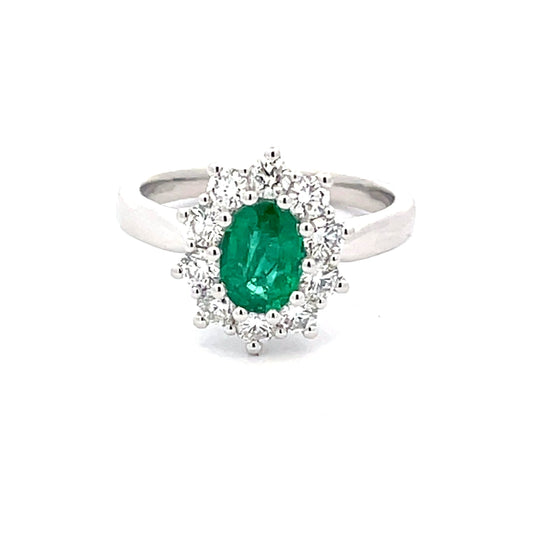 Emerald and round brilliant cut diamond cluster style ring  Gardiner Brothers