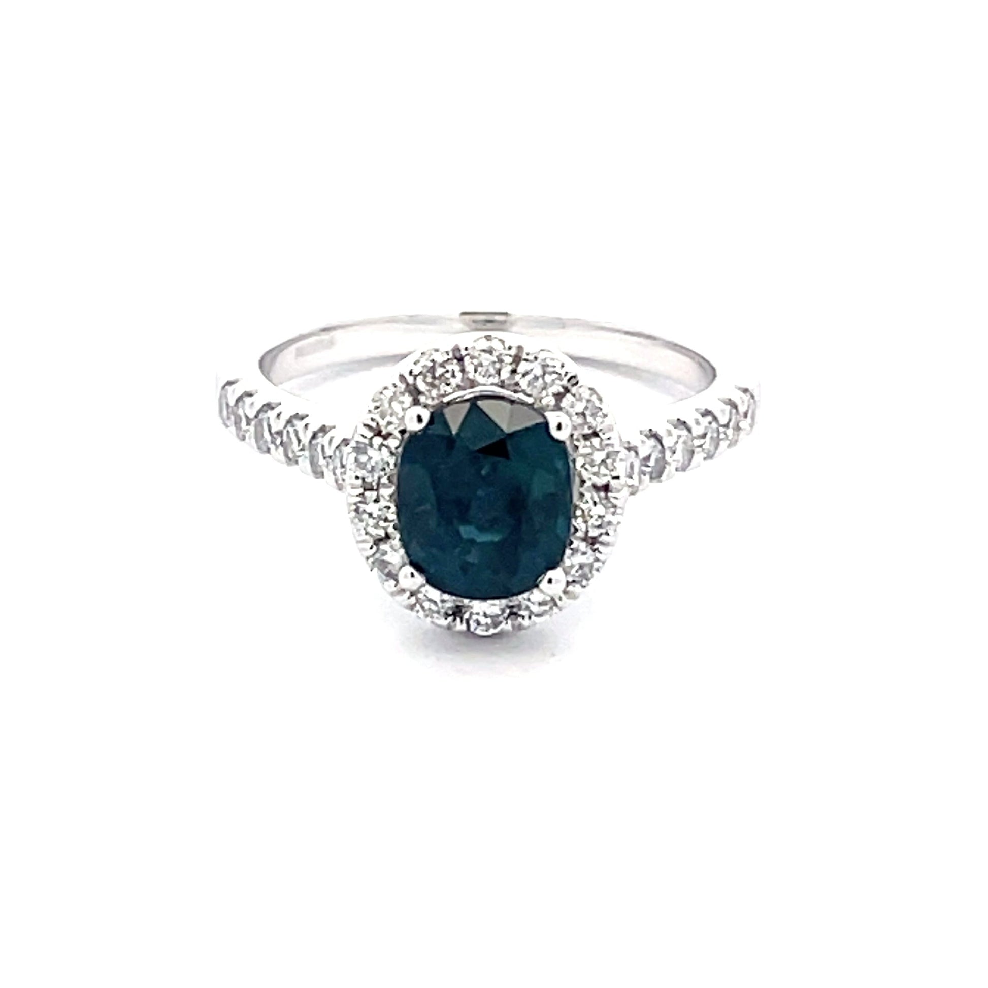 TEAL SAPPHIRE AND DIAMOND HALO STYLE RING  Gardiner Brothers