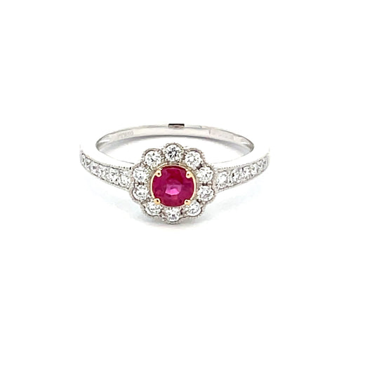 Ruby and Round Brilliant Cut Diamond, Vintage Cluster Style Ring  Gardiner Brothers   