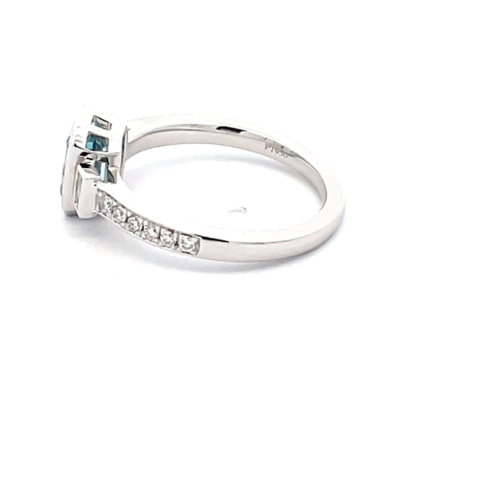 Aquamarine and Diamond 3 Stone Ring with Diamond Set shoulders.  Gardiner Brothers