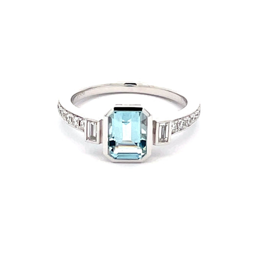 Aquamarine and Diamond 3 Stone Ring with Diamond Set shoulders.  Gardiner Brothers