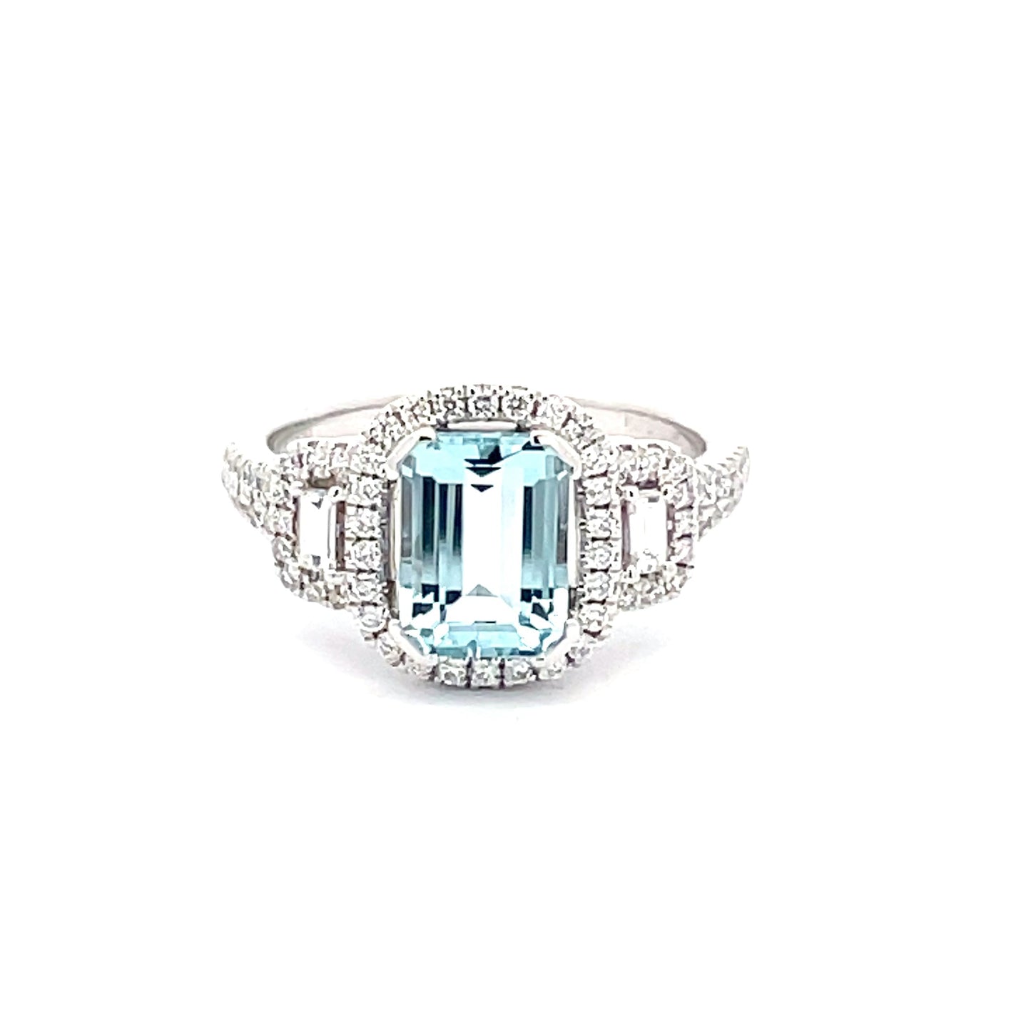 Aquamarine and Diamond 3 stone halo style ring  Gardiner Brothers