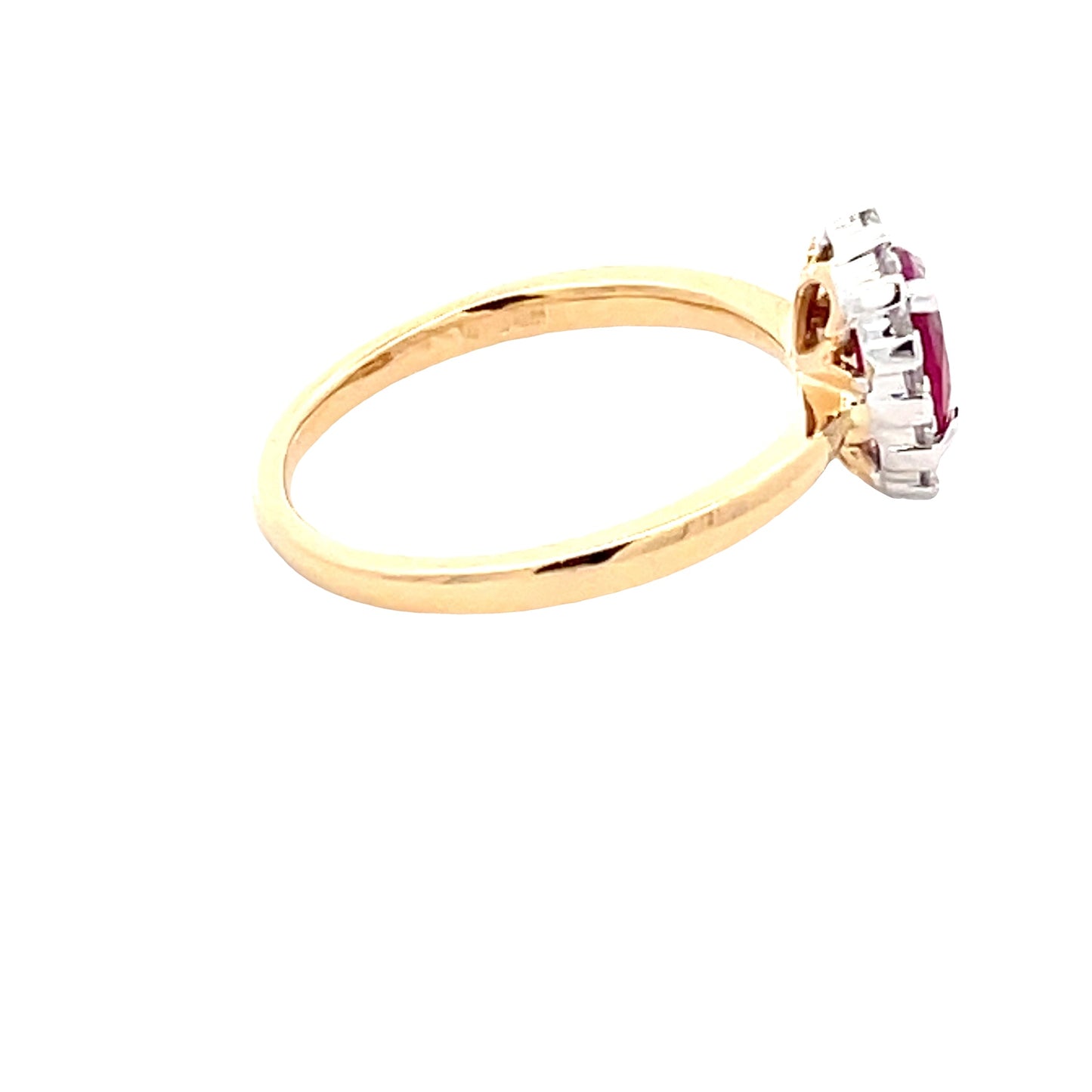 Ruby and round brilliant cut diamond halo cluster style ring  Gardiner Brothers   