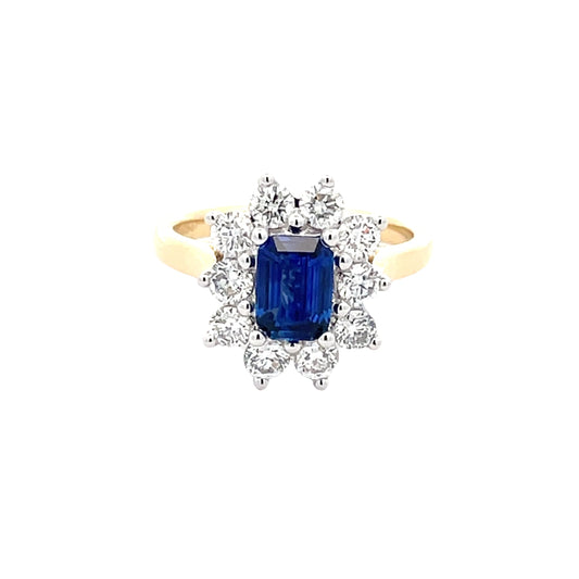 Octagonal Sapphire and round brilliant cut diamond cluster ring