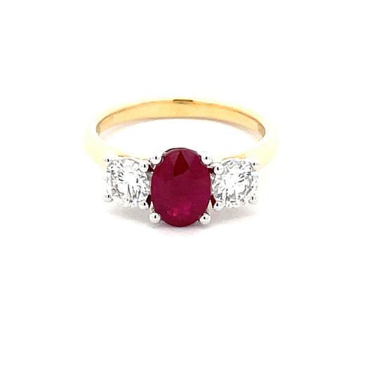 Ruby and Round Brilliant Cut Diamond 3 Stone Ring