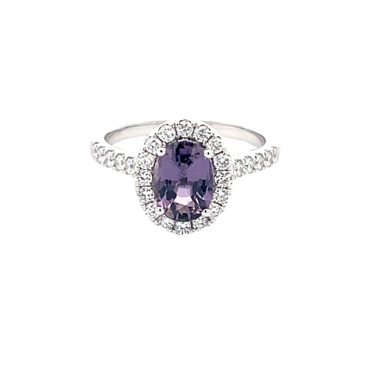 Purple sapphire and Round Brilliant Cut Diamond Halo Cluster Style Ring