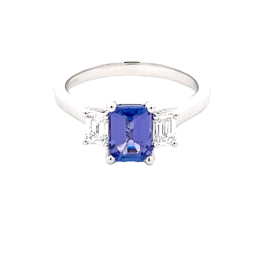 Octagonal Shaped Tanzanite and emerald cut diamond 3 stone ring