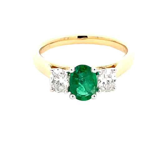 Oval Emerald and Diamond 3 Stone Ring