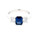 Octagonal Sapphire and round brilliant cut diamond 3 stone ring