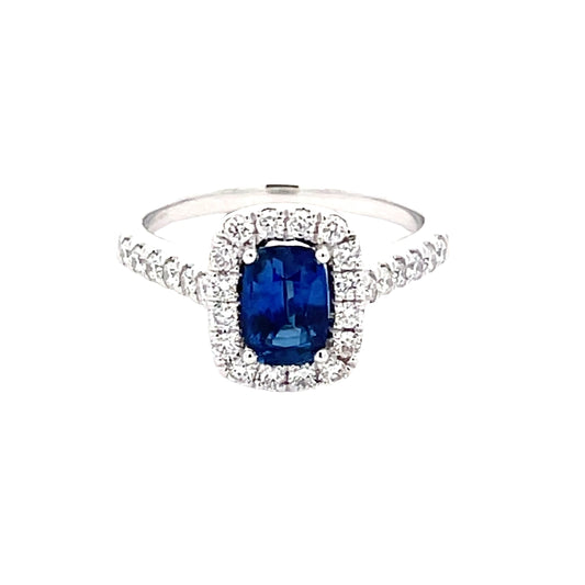 Cushion Shaped Sapphire and diamond halo cluster ring