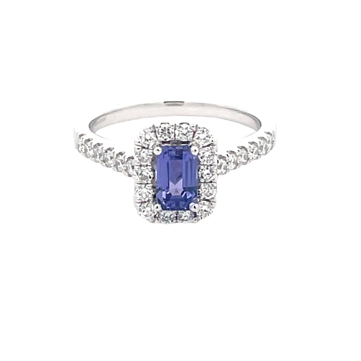 Octagonal Tanzanite and Diamond Halo Cluster Style Ring