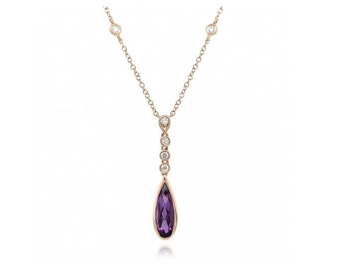 Rose Gold, Amethyst and Diamond Drop Pendant  Gardiner Brothers   