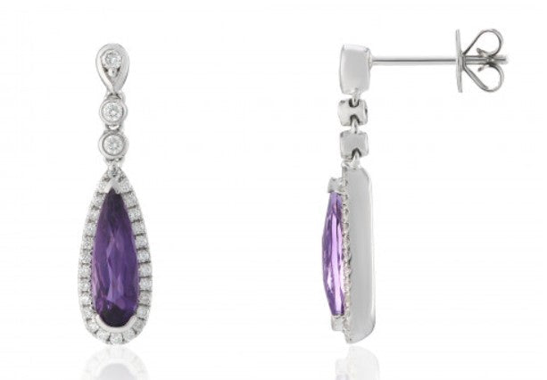 Amethyst and Diamond Halo Style Drop Earrings  Gardiner Brothers